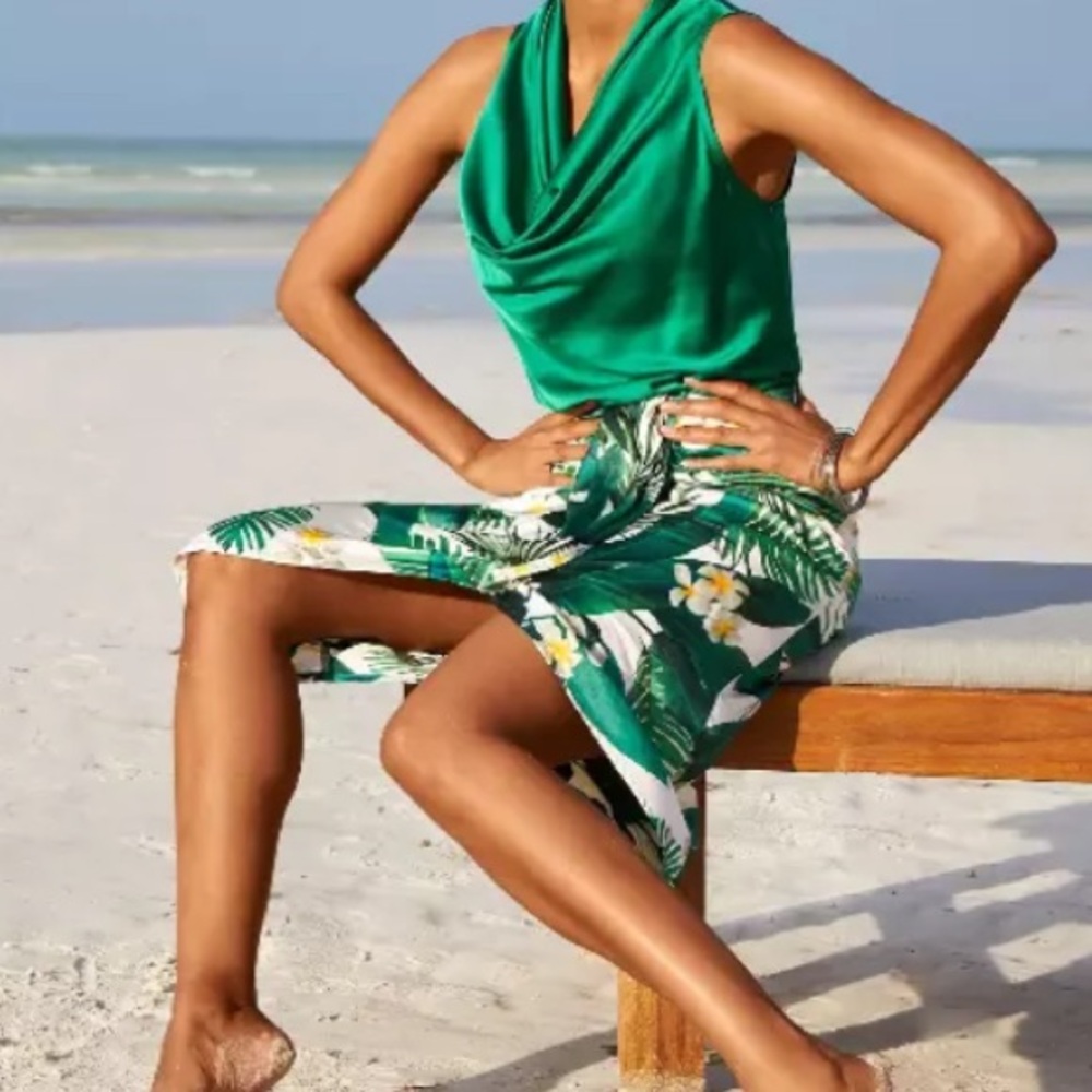 Boston Proper Tropical Green Leaf Print Charmeuse Wrap Skirt